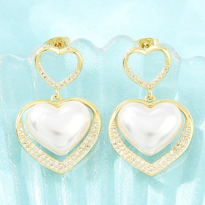 Micro cuivres ouvrent zircone cubique boucles d'oreille, cœur, ABS imitation perle Pendants d'oreilles