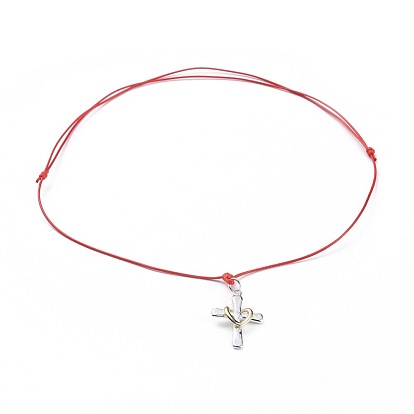 Unisex Adjustable Brass Pendant Necklaces, with Waxed Polyester Cord, Heart & Cross