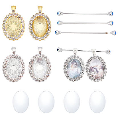 DIY Oval Pendant Brooch Making Kits, Including Alloy Rhinestone Pendant Cabochons Settings, Glass Cabochons, Brass Tie Pin