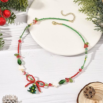 Brass Handmade Lampwork Christmas Tree Pendant Glass Beaded Necklaces, Golden