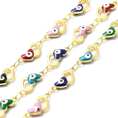 Handmade Eco-friendly Brass Enamel Heart with Evil Eye Link Chain, Real 18K Gold Plated, Lead Free & Cadmium Free, Soldered, with Spool