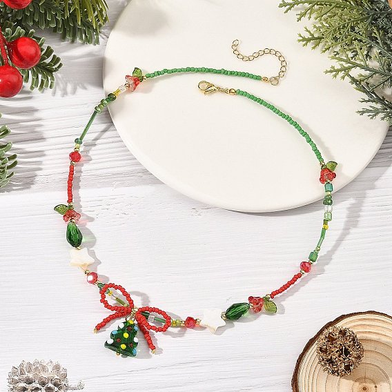 Brass Handmade Lampwork Christmas Tree Pendant Glass Beaded Necklaces, Golden