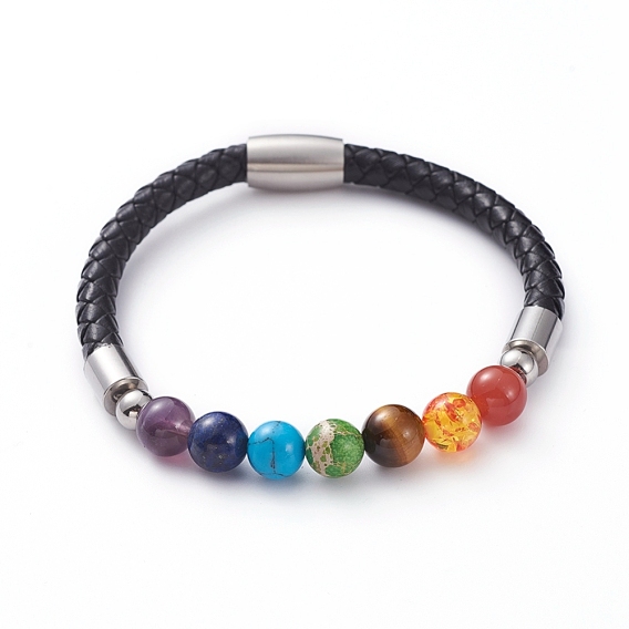 Chakra Jewelry, Unisex Braided Leather Cord Bracelets, with Natural & Synthetic Gemstone Beads, Resin Beads, 304 Stainless Steel Magnetic Clasps and Cardboard Packing Box