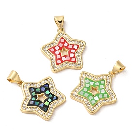 Star Rack Plating Brass Cubic Zirconia Pendants, with Enamel & Shell, Long-Lasting Plated, Lead Free & Cadmium Free, Real 18K Gold Plated