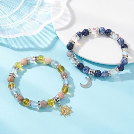 2 шт. 2 стилей 304 Набор парных браслетов из нержавеющей стали и латуни с изображением небесного солнца и луны, Эластичные браслеты из натуральных и синтетических смешанных драгоценных камней, круглые, для женщин и мужчин.
