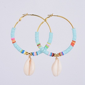 Brass Heishi Beaded Hoop Earrings, with Cowrie Shell, 304 Stainless Steel Round Beads