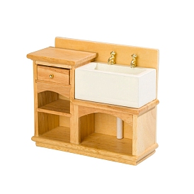 Mini Wood Wash Basin & Cabinet Furniture Model, Micro Landscape Dollhouse Decoration Accessories
