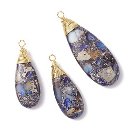 3pcs pendentifs en régalite naturelle/jaspe impérial/jaspe des sédiments marins, avec fil de cuivre doré clair, colorées, larme