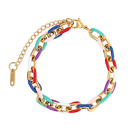 Stainless Steel Cable Chain Bracelets for Women, with Enamel, Real 18K Gold Plated