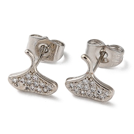 Brass Rhinestone Stud Earrings, Gingko Leaf