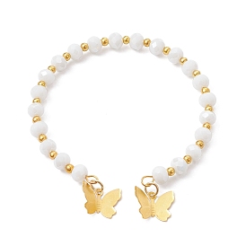Bracelets de manchette en perles rondes en verre, avec breloques papillon en laiton doré