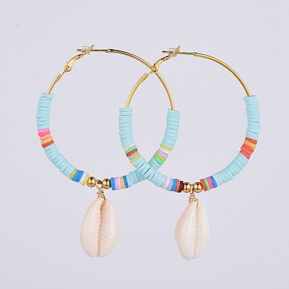 Brass Heishi Beaded Hoop Earrings, with Cowrie Shell, 304 Stainless Steel Round Beads