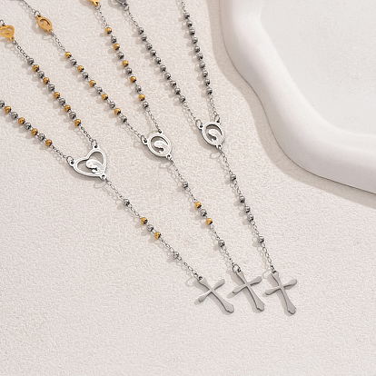 201 шарик ожерелья из нержавеющей стали четки, Овальные полые сердца с крестом-кисточкой для женщин, серебряный цвет гальваническим