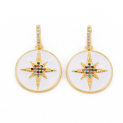 Brass Micro Pave Colorful Cubic Zirconia Pendants, with Enamel, Nickel Free, Real 18K Gold Plated, Flat Round