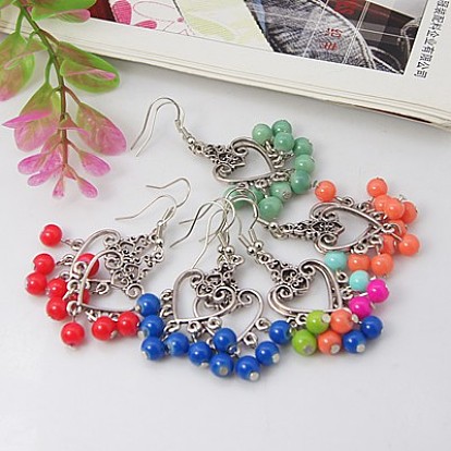 Tibetan Style Chandelier Earrings, Antique Dangling Earring, with Baking Paint Glass Beads and Brass Earring Hooks, 56mm