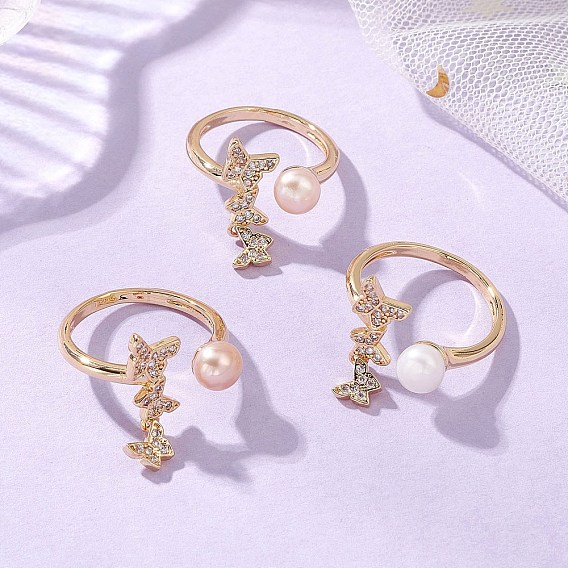 3 шт. Кольца-манжеты из латуни с микропаве в виде бабочек и прозрачными кубическими циркониями, с натуральными культивированными пресноводными жемчужными бусинами высшего сорта 3а, реальный 18 k позолоченный