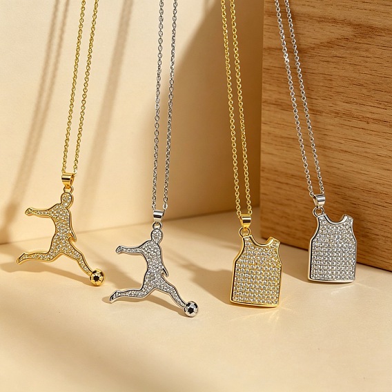 Colliers pendentifs en laiton sertis de micro-pavés de zirconiums cubiques transparents sur le thème du sport