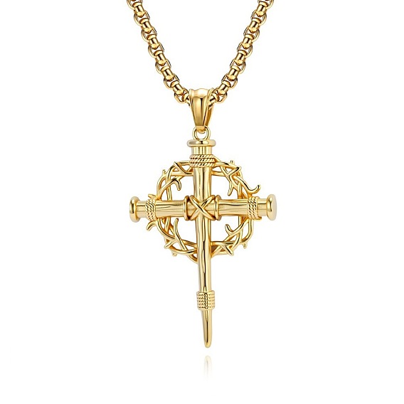 304 Stainless Steel Necklaces, Thorns Nail Cross Pendant Necklaces for Men