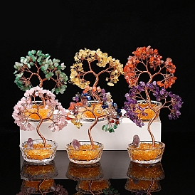 Natural Gemstone Chips Tree Decorations, Copper Wire Feng Shui Energy Stone Gift for Home Desktop Decoration