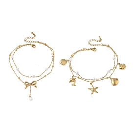 Летний пляжный 304 двухслойные браслеты на лодыжку из нержавеющей стали и пластика с жемчужными подвесками для женщин, белые, золотые