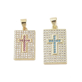 Real 18K Gold Plated Brass Micro Pave Cubic Zirconia Pendants, Rectangle with Cross