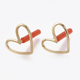 Brass Stud Earrings, Real 18K Gold Plated, with Raw(Unplated) Brass Pins and Plastic Protector, Heart