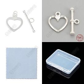 925 cierres de palanca de plata de ley, corazón, Con paño de pulido plateado de tela de gamuza de doble cara.