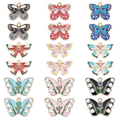 36Pcs 9 Style Alloy Enamel Pendants, Light Gold, Butterfly