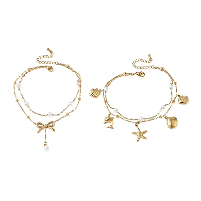 Летний пляжный 304 двухслойные браслеты на лодыжку из нержавеющей стали и пластика с жемчужными подвесками для женщин, белые, золотые