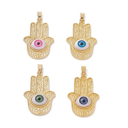 Brass Pendant, with Resin Eye Cabochons, Long-Lasting Plated, Hamsa Hand, Real 18K Gold Plated
