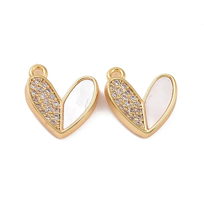Brass Micro Pave Clear Cubic Zirconia Pendants, with Shell, Heart Charm