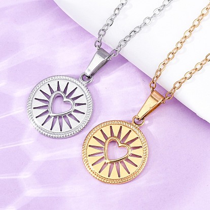 Плоские круглые с сердцем 304 ожерелья из нержавеющей стали с подвеской, ионное покрытие (ip)