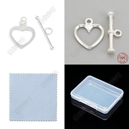 925 cierres de palanca de plata de ley, corazón, Con paño de pulido plateado de tela de gamuza de doble cara.