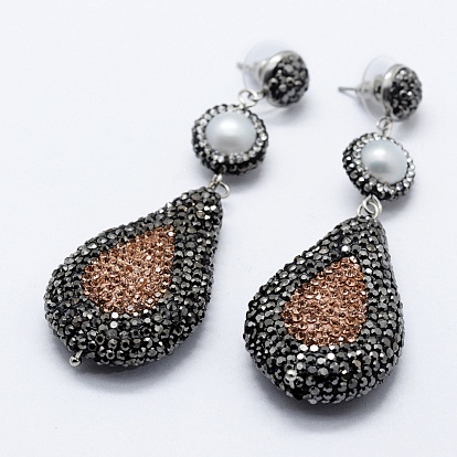 Polymer Clay Rhinestone Dangle Stud Earrings, with Pearls and Brass Findings, Drop