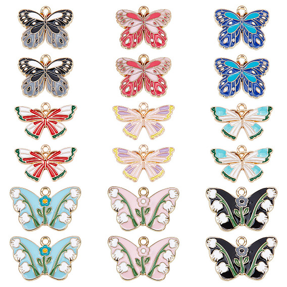 36Pcs 9 Style Alloy Enamel Pendants, Light Gold, Butterfly