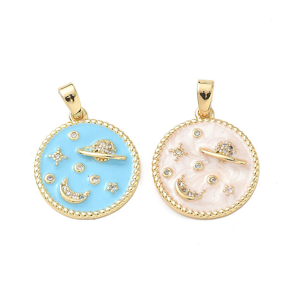 Латунные микро проложить кубического циркония подвески, плоский круглый с планетой, Эмаль стиле, реальный 18 k позолоченный