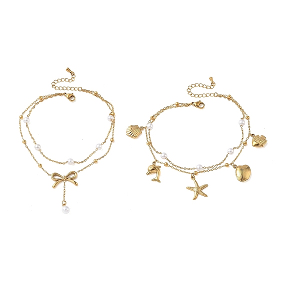 Летний пляжный 304 двухслойные браслеты на лодыжку из нержавеющей стали и пластика с жемчужными подвесками для женщин, белые, золотые