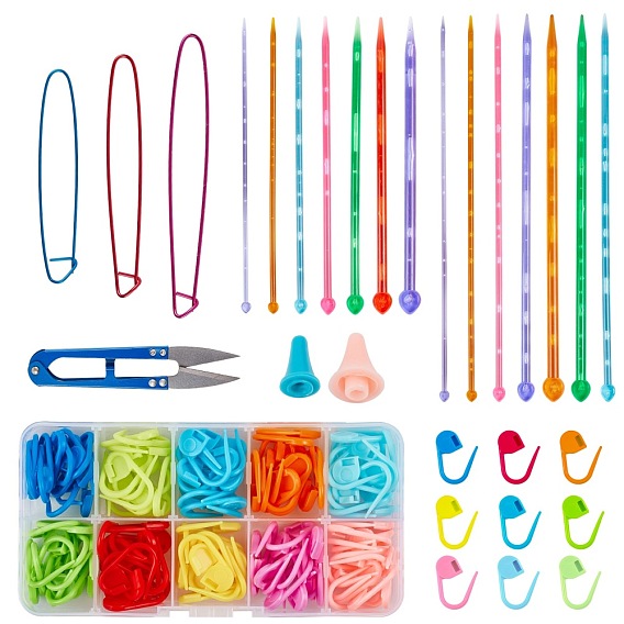 DIY Sweater Kits, with Plastic Knitting Needles & Knitting Needle Caps & Stitch Needle Clip, Aluminum Stitch Holder and Iron Scissors