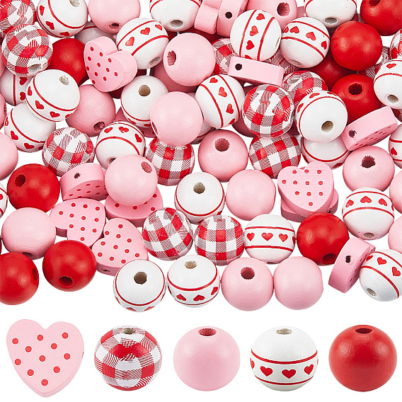 200 шт 5 стили натуральных деревянных бусин, окрашенные, круглый и сердце
