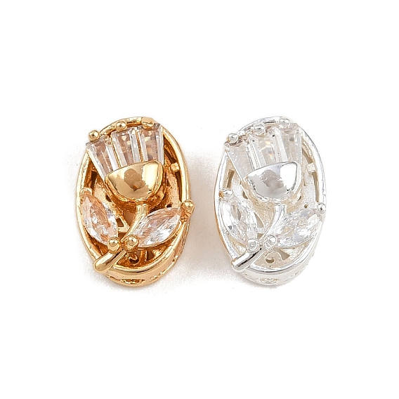 Латунные микро проложить кубического циркония бусы, овальные с цветком