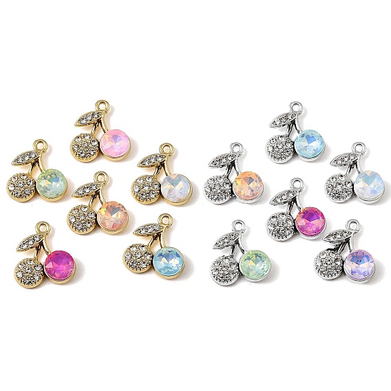 Alloy Rhinestone Pendants, Cherry Charms, with Glass, UV Plating, Mixed Color
