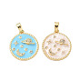 Латунные микро проложить кубического циркония подвески, плоский круглый с планетой, Эмаль стиле, реальный 18 k позолоченный