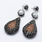 Polymer Clay Rhinestone Dangle Stud Earrings, with Pearls and Brass Findings, Drop