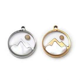 304 Stainless Steel & Natural Shell & Mustard Seed Pendants, Flat Round & Mountation Charm