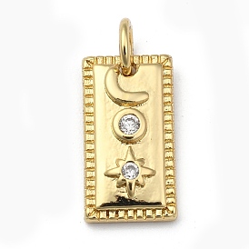 Brass Micro Pave Clear Cubic Zirconia Charms, Long-Lasting Plated, with Jump Rings, Rectangle with Moon & Star
