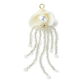 Natural Clam Shell & Glass Pearl & Glass Seed Beaded Big Pendants, Jellyfish Charms