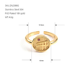 304 Stainless Steel Pave Cubic Zirconia Cuff Open Rings, Flat Round with Building Pattern