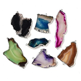 Natural Agate Dyed Nuggets Connector Charms, with Platinum Plated Brass Edge