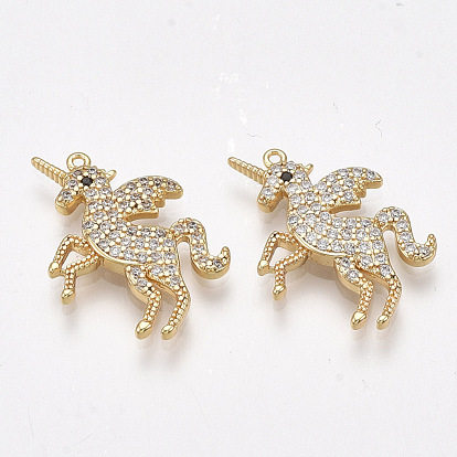 Brass Cubic Zirconia Charms, Unicorn, Clear, Nickel Free, Real 18K Gold Plated