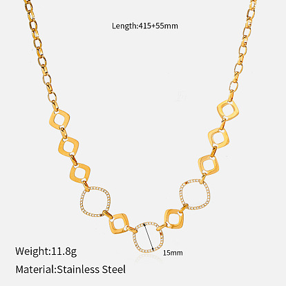 304 Stainless Steel Micro Pave Clear Cubic Zirconia Hollow Ring Rhombus Heart Link Chain Necklaces, Golden